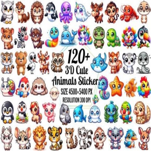 3D Cute Animals Stickers Bundle for Kids cover image.
