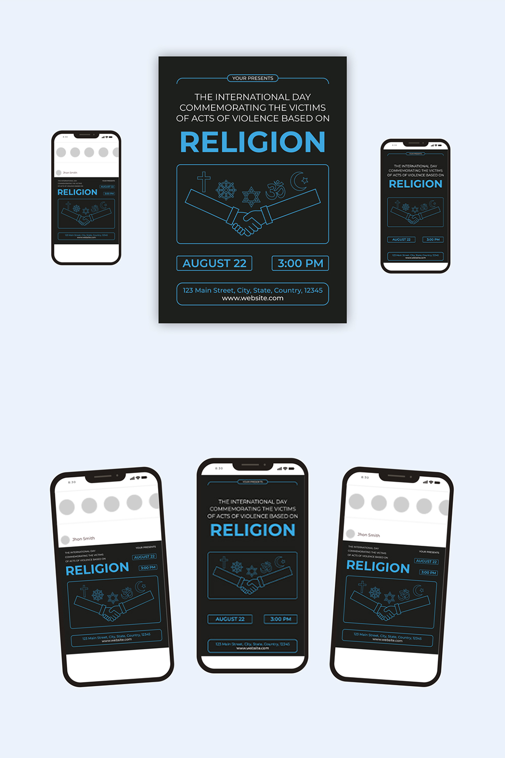 International Day Commemorating the Victims of Acts of Violence Based on Religion Flyer Set pinterest preview image.