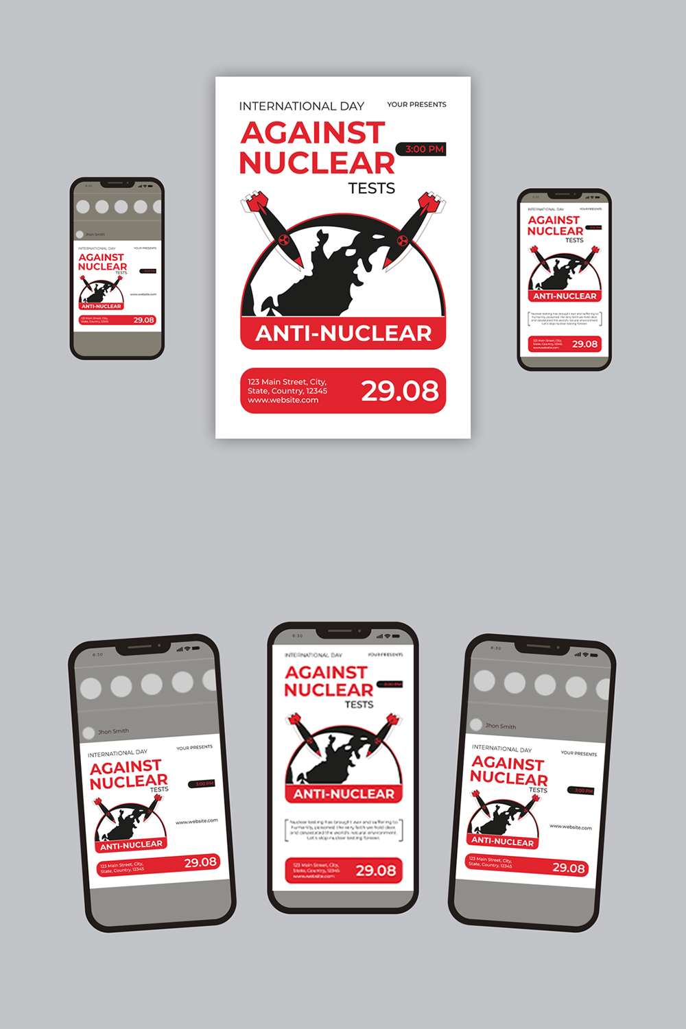 International Day Against Nuclear Tests Flyer Set pinterest preview image.