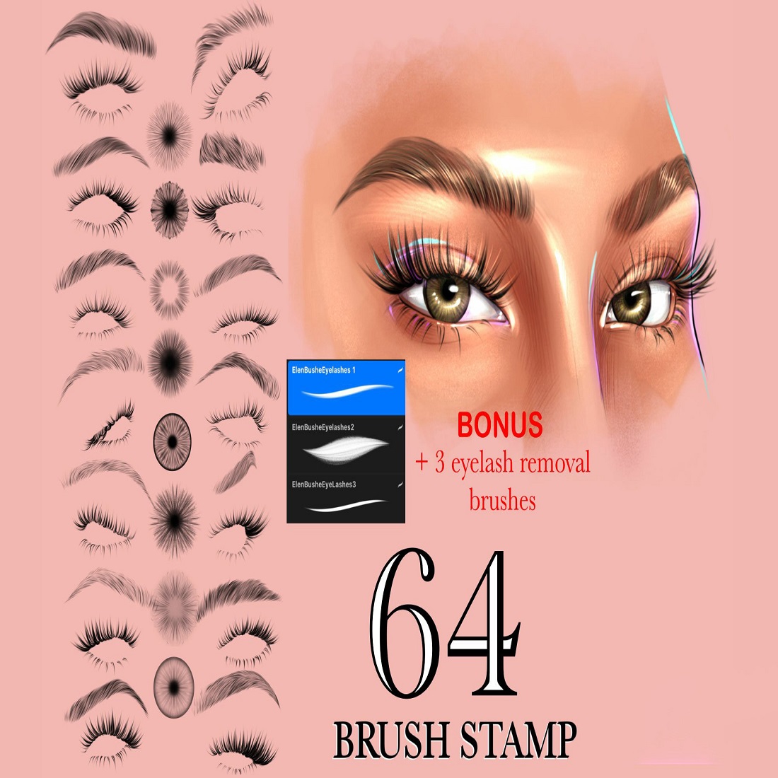 Procreate eyelashes brushes, eyes, eyebrows, iris preview image.