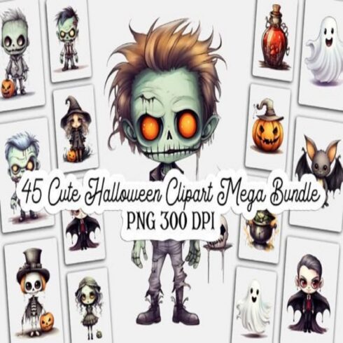 45 Cute Halloween Clipart Mega Bundle cover image.