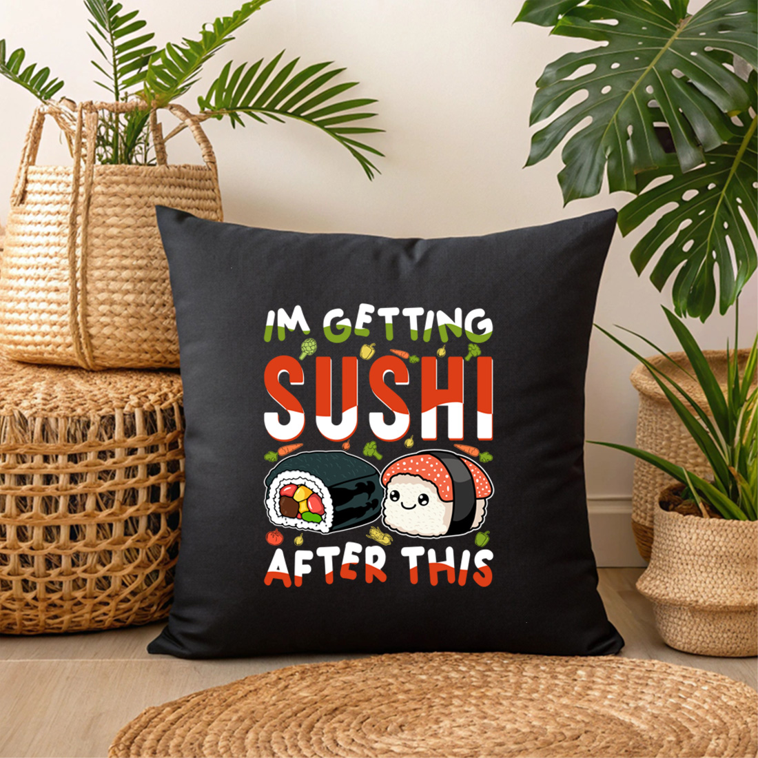 adorable japanese food graphic design with fun sushi pun for merchandise 3 black pillow mock up 92