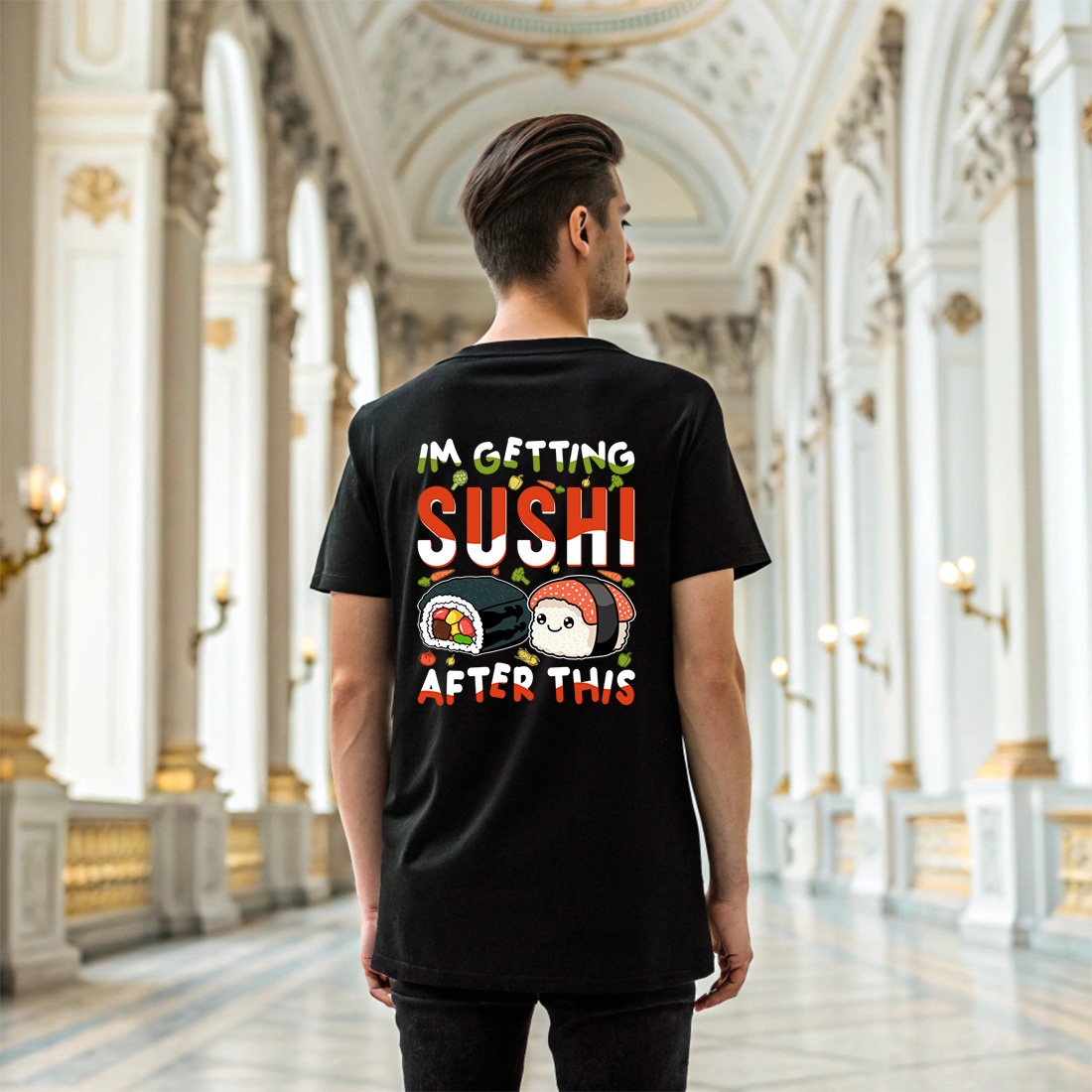 adorable japanese food graphic design with fun sushi pun for merchandise 6 black t shirt mock up 899