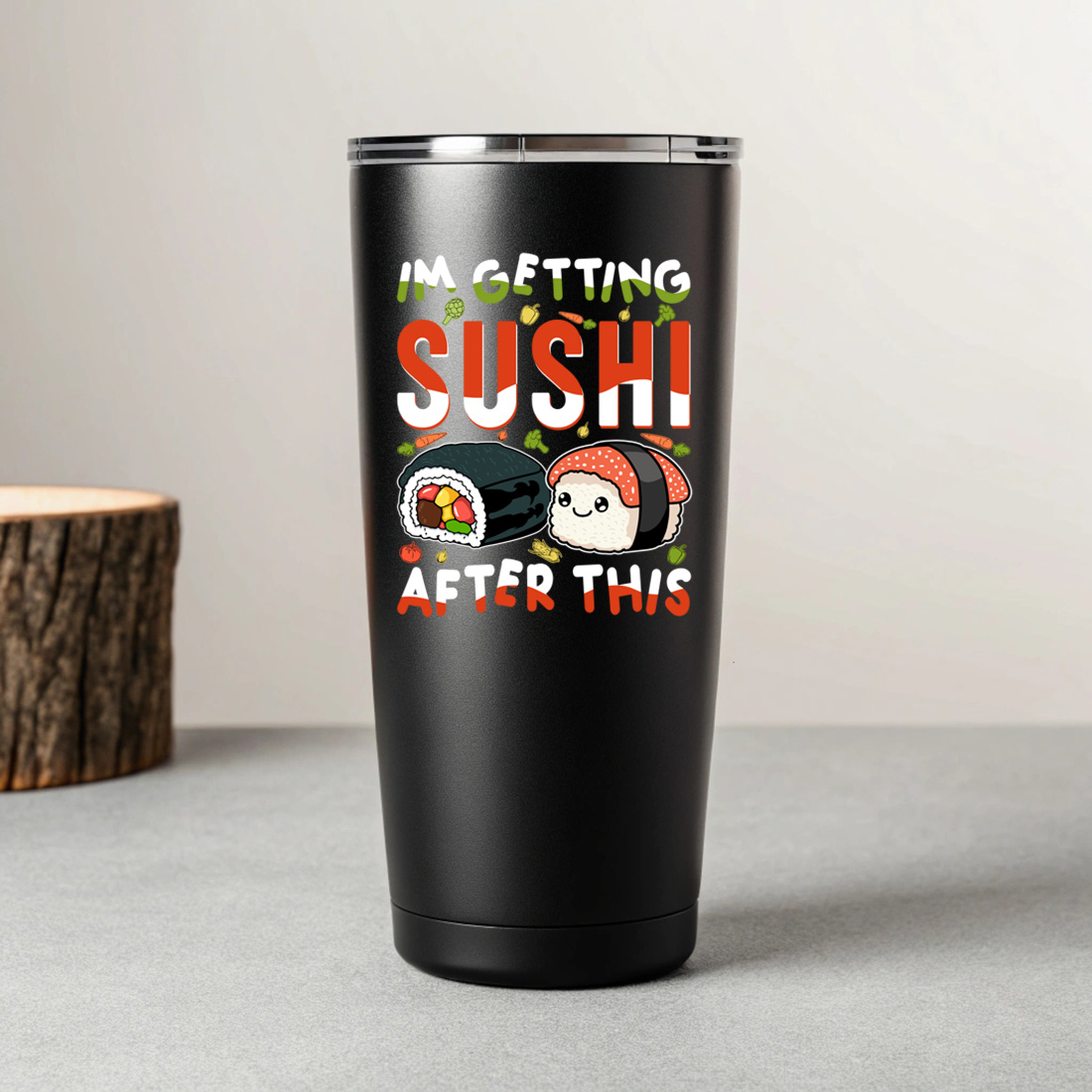 adorable japanese food graphic design with fun sushi pun for merchandise 8 black tumblers mockup 841