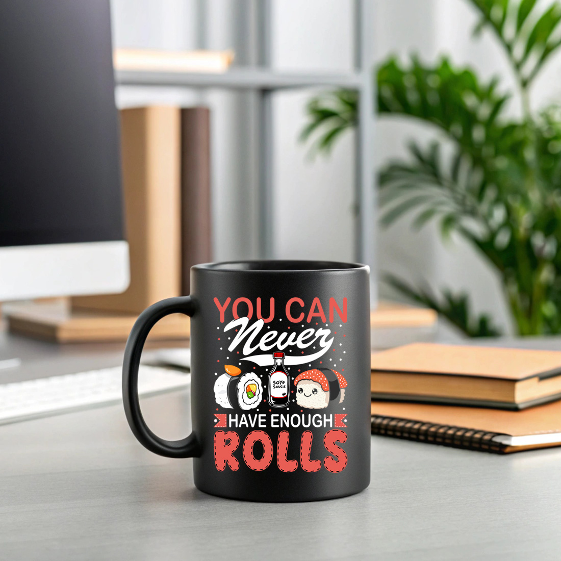 Adorable sushi rolls and soy sauce cartoon art for food-themed merchandise Sushi graphic design preview image.