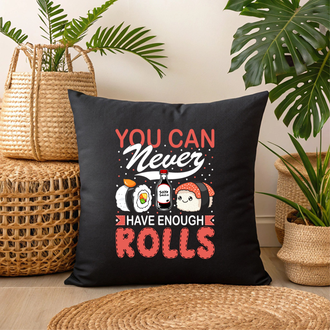 adorable sushi rolls and soy sauce cartoon art for food themed merchandise. sushi graphic design. 3 black pillow mock up 442