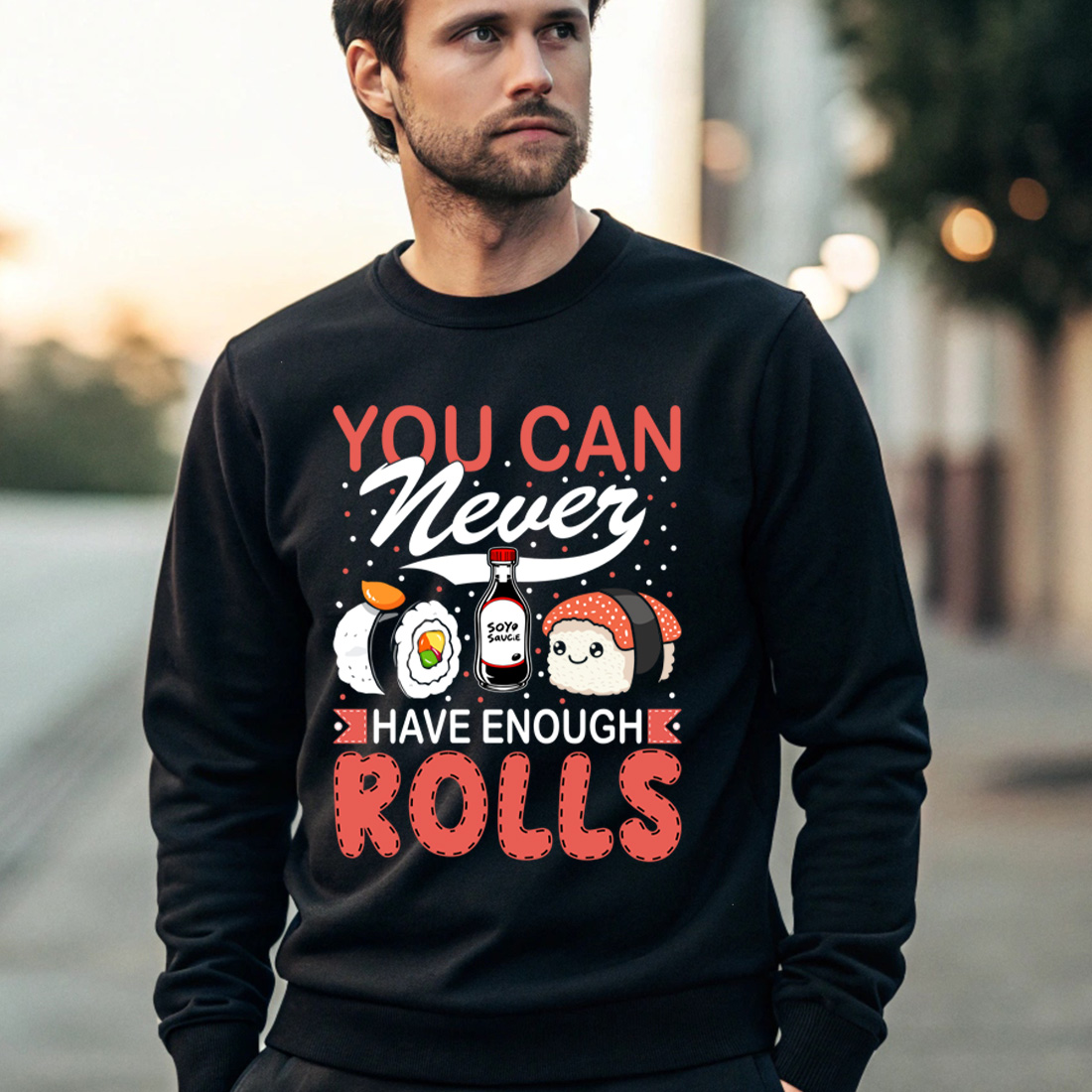 adorable sushi rolls and soy sauce cartoon art for food themed merchandise. sushi graphic design. 4 black male sweatshirt mock up 423