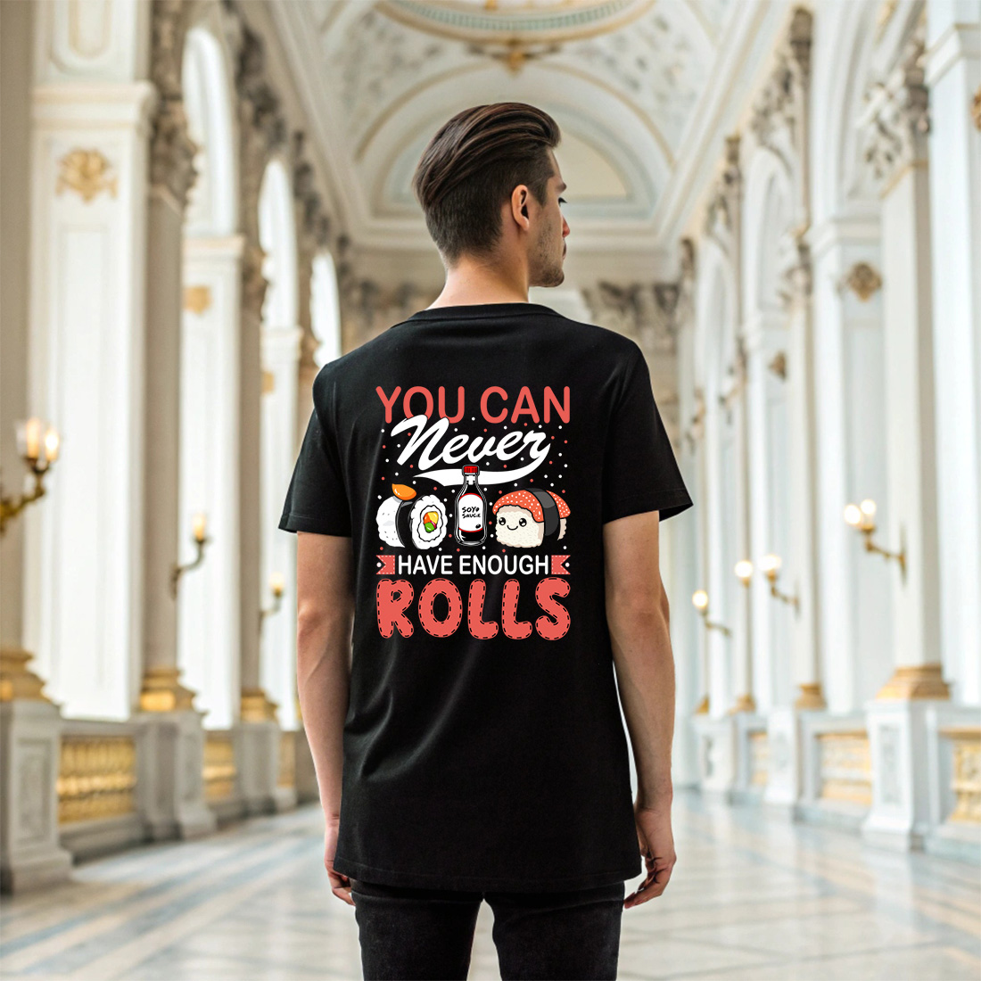 adorable sushi rolls and soy sauce cartoon art for food themed merchandise. sushi graphic design. 6 black t shirt mock up 146