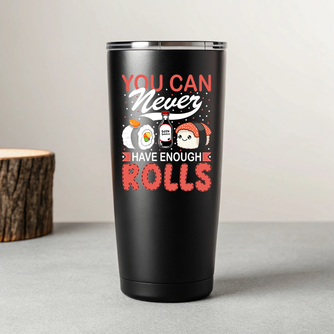 adorable sushi rolls and soy sauce cartoon art for food themed merchandise. sushi graphic design. 8 black tumblers mockup 90