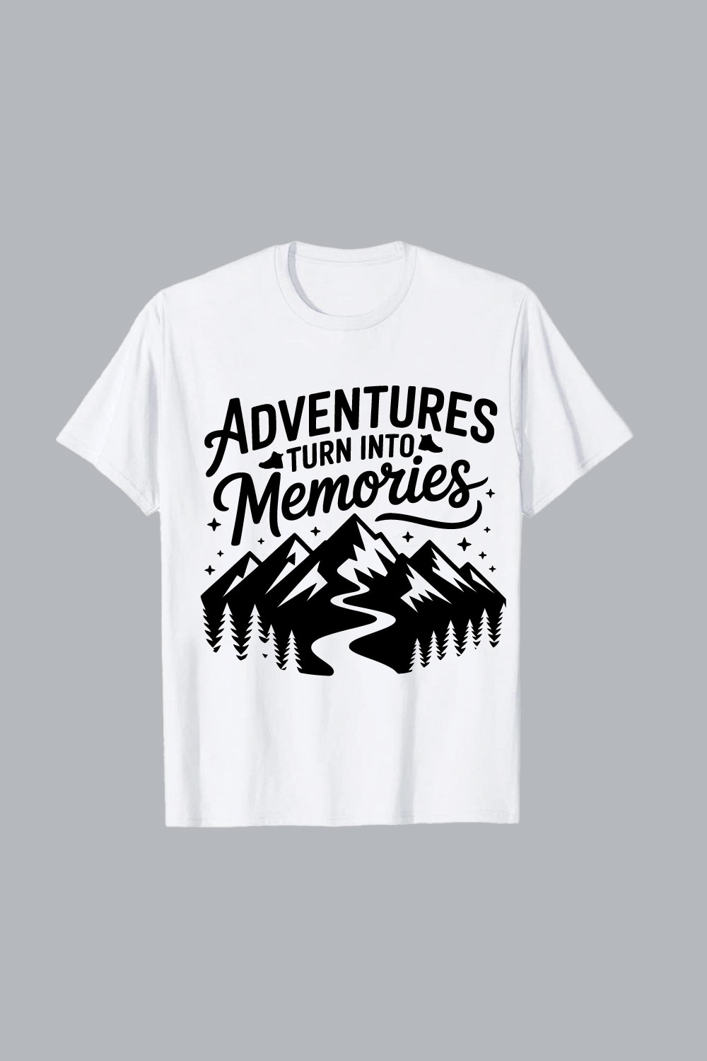 Mountains and memories adventure quote Black silhouette of a single person standing solitary hiking T shirt Design EPS PNG pinterest preview image.