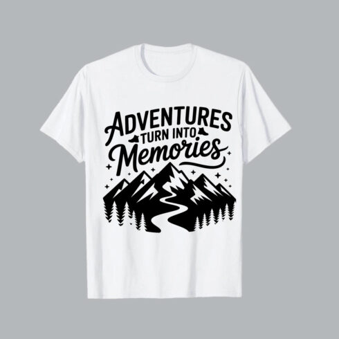 Mountains and memories adventure quote Black silhouette of a single person standing solitary hiking T shirt Design EPS PNG cover image.