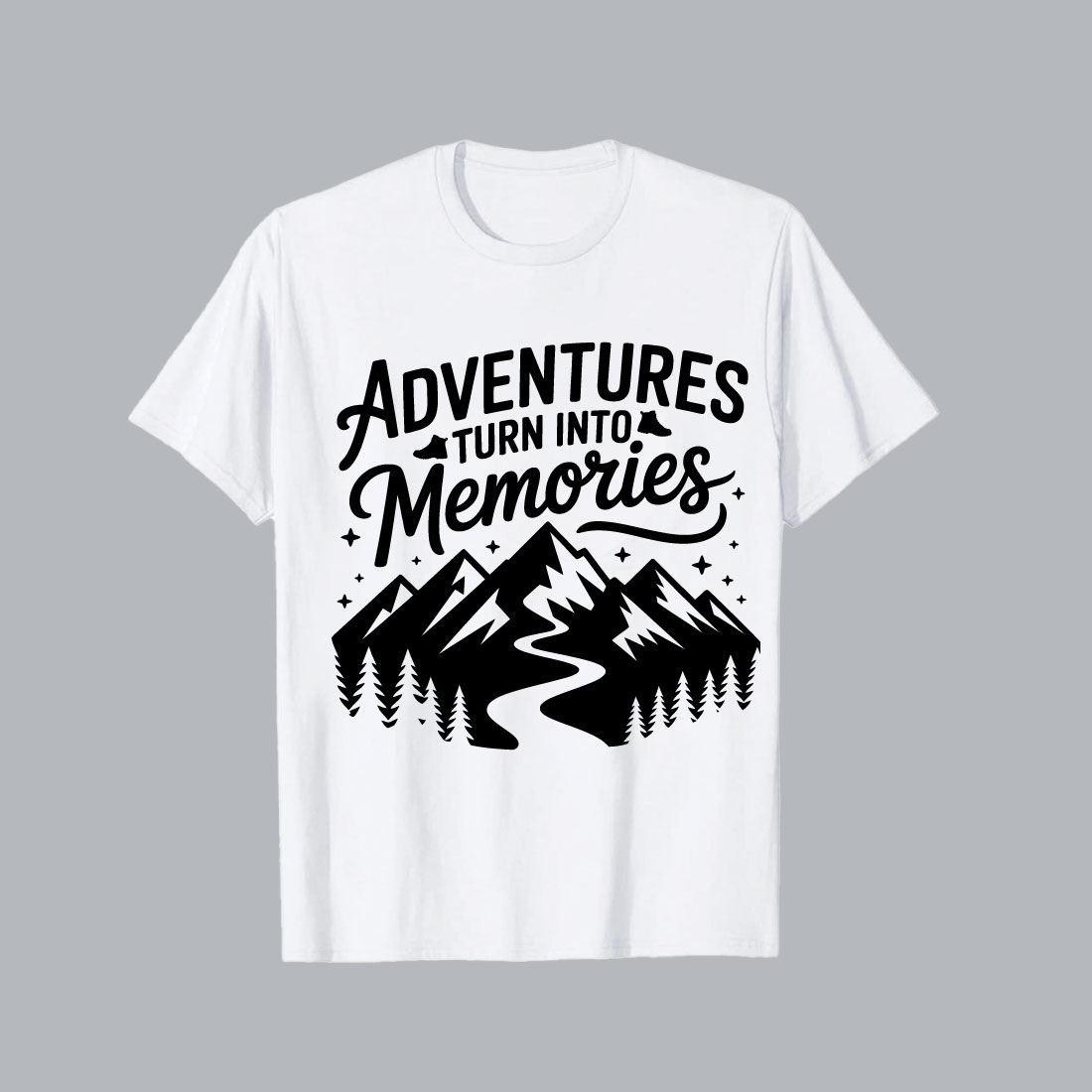 Mountains and memories adventure quote Black silhouette of a single person standing solitary hiking T shirt Design EPS PNG cover image.