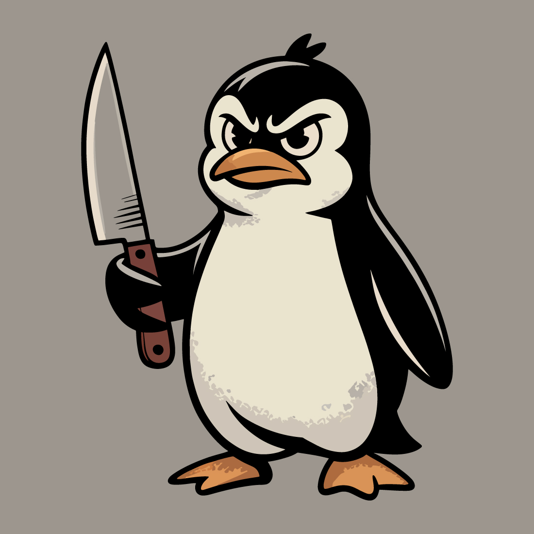 angry cartoon penguin holding kitchen knife vintage style illustration2 310