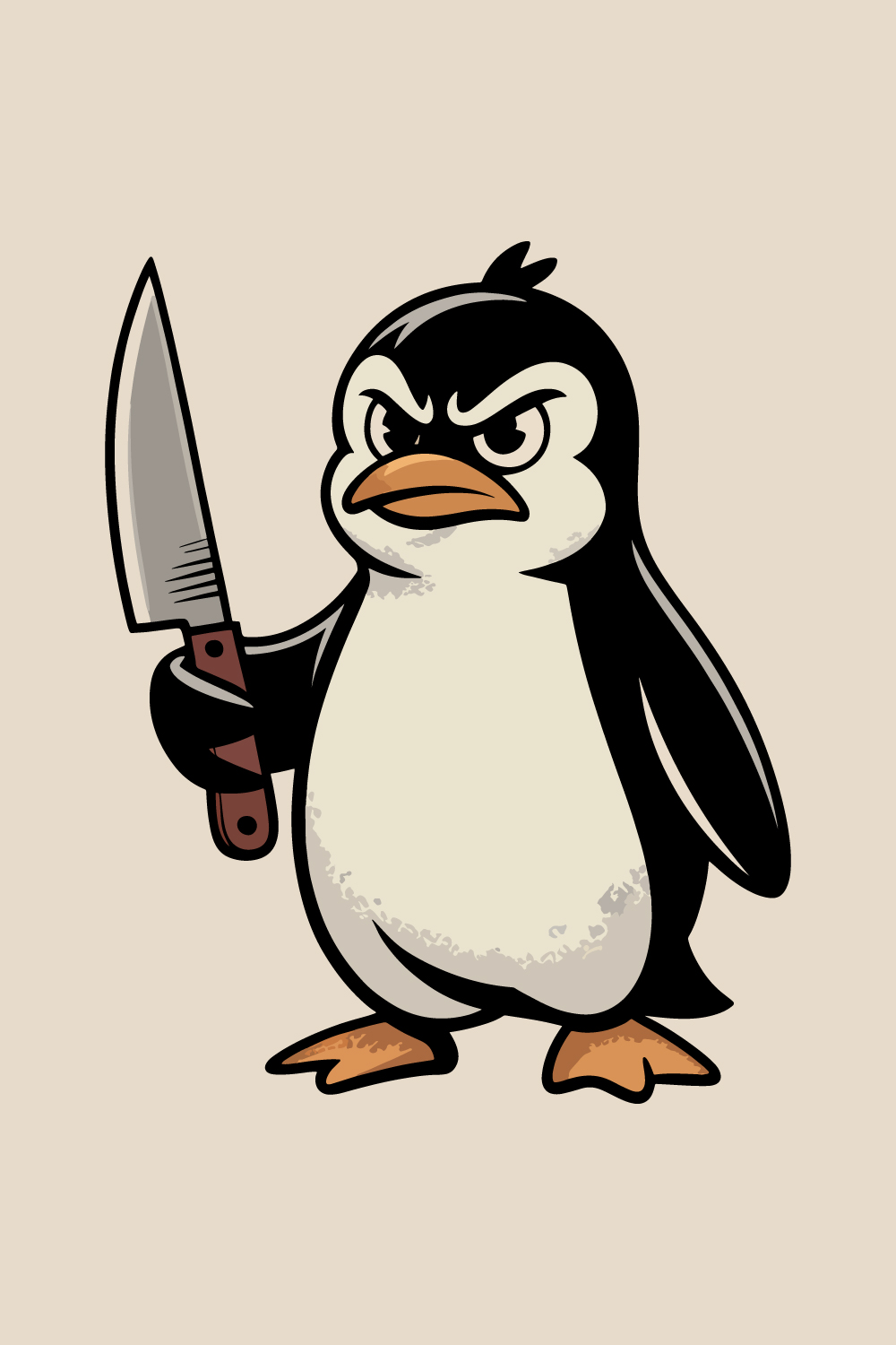 Angry Cartoon Penguin Holding Kitchen Knife Vintage Style Illustration pinterest preview image.