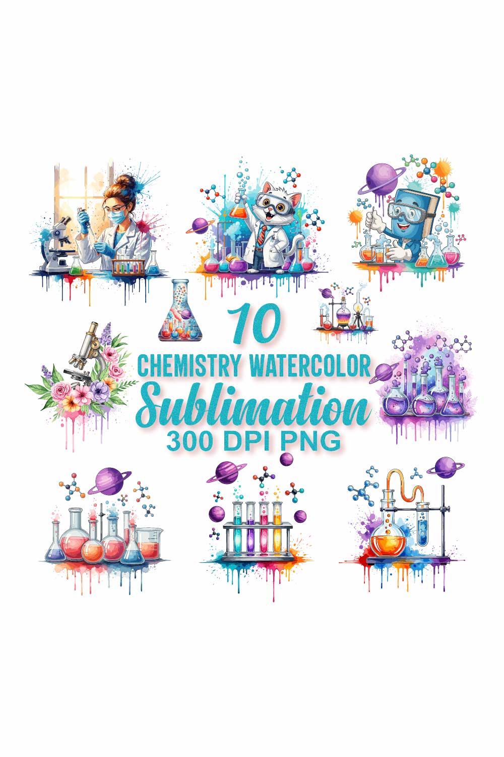 Chemistry Watercolor Sublimation PNG Bundle pinterest preview image.