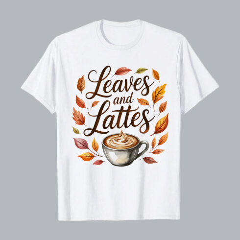Autumn leaves and coffee drink latte Autumn day PNG T shirt Design T shirt PNG File cover image.