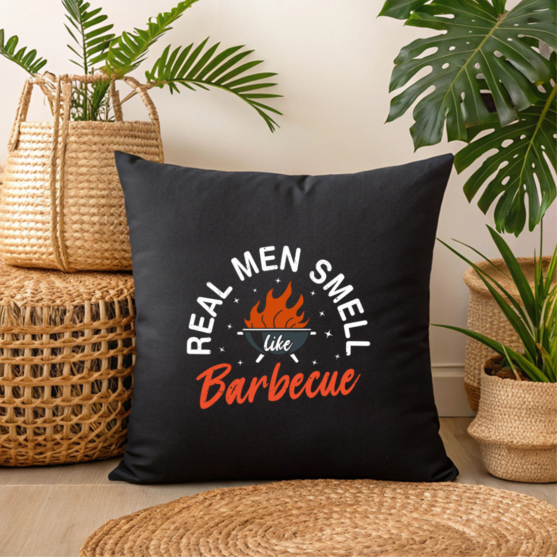 bbq fire pit design with humorous text – perfect for barbecue lovers and pitmasters. bbq graphic design. 3 black pillow mock up 26