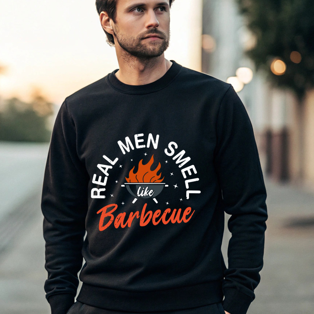 bbq fire pit design with humorous text – perfect for barbecue lovers and pitmasters. bbq graphic design. 4 black male sweatshirt mock up 818