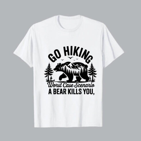 White T Shirt With Black Bear Mountain Graphic black graphic Bear mountain forest trees birds hiking scenario vector hiking EPS PNG T shirt Design cover image.