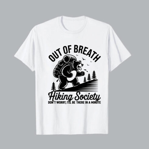 Hiker with backpack and trees mountain hiking Bear hiking with backpack out of breath trees hiking EPS PNG T shirt Design cover image.