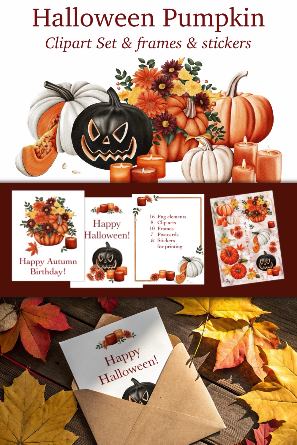 Halloween Pumpkin Clip Art & frames & postcards & stickers pinterest preview image.