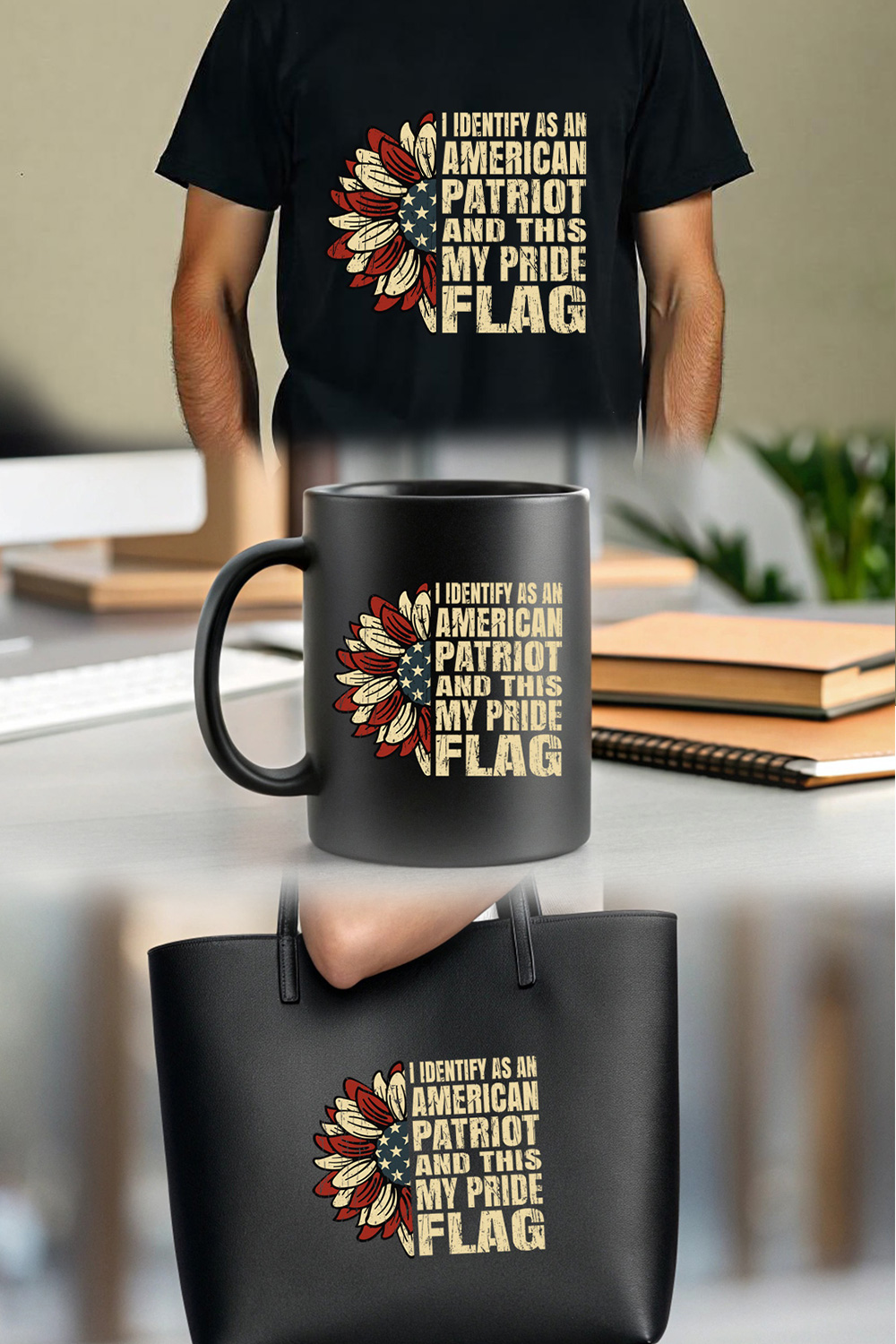 patriotic sunflower design with American flag and bold text for proud American graphic design pinterest preview image.