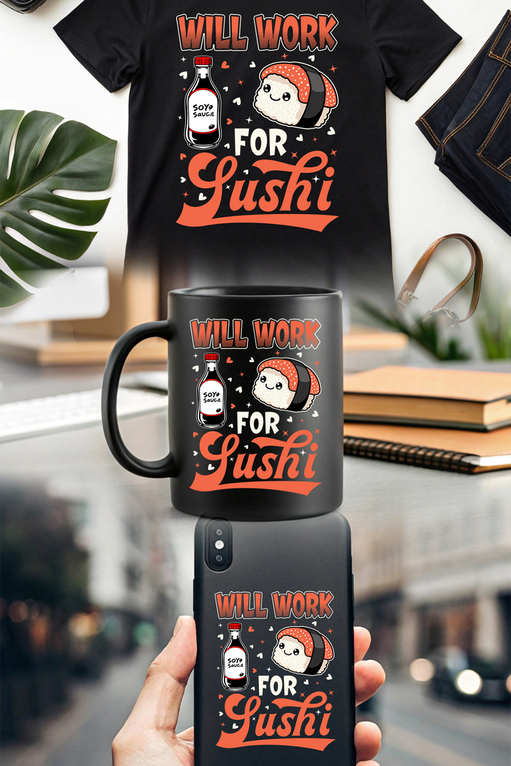 cute sushi graphic design with soy sauce and funny quote will work for sushi pinterest preview image.
