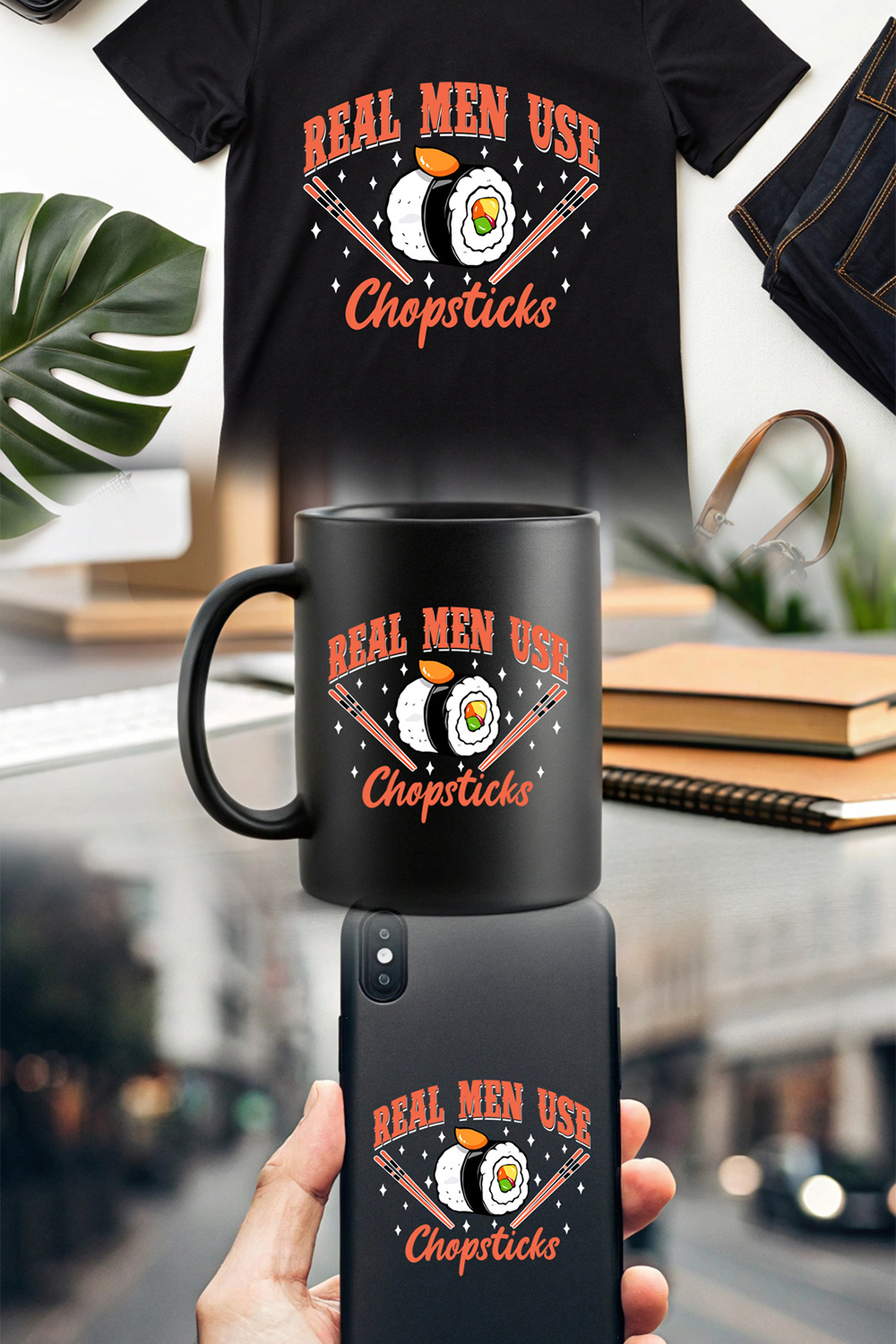 Funny Sushi Quote Graphic Design – "Real Men Use Chopsticks" with Cartoon Rolls and Chopsticks Graphic Design pinterest preview image.