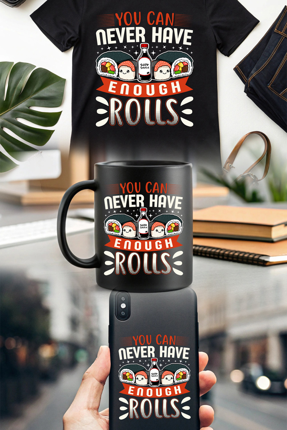 funny sushi roll graphic design with kawaii soy sauce and rolls sushi graphic design pinterest preview image.