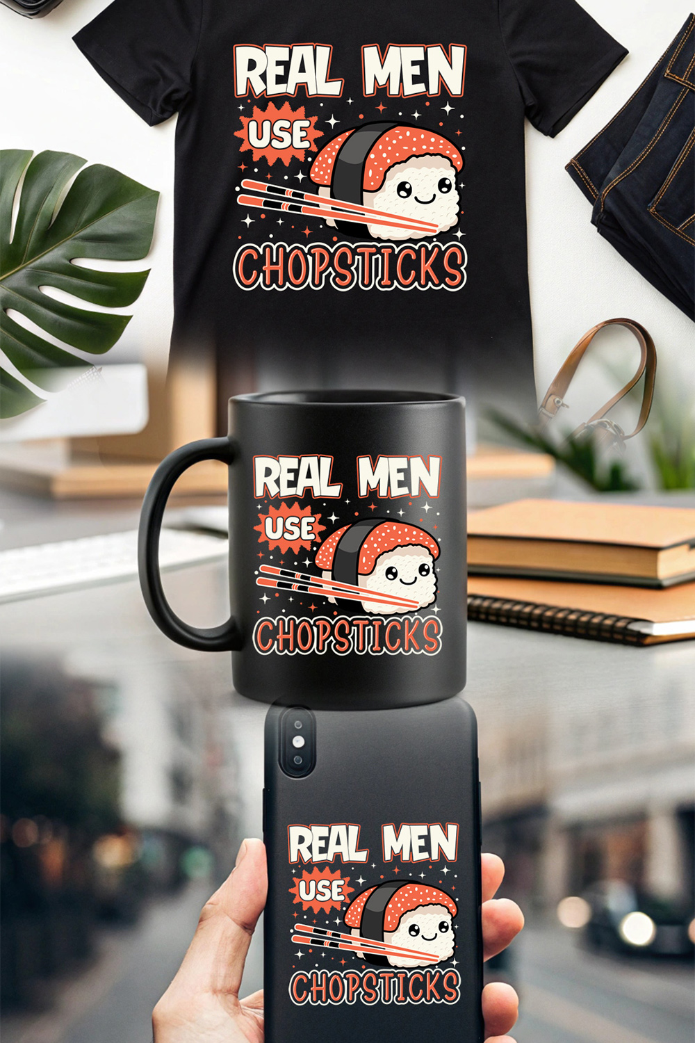 Funny Sushi Graphic Design – "Real Men Use Chopsticks" with Cute Nigiri and Chopsticks Sushi graphic design pinterest preview image.