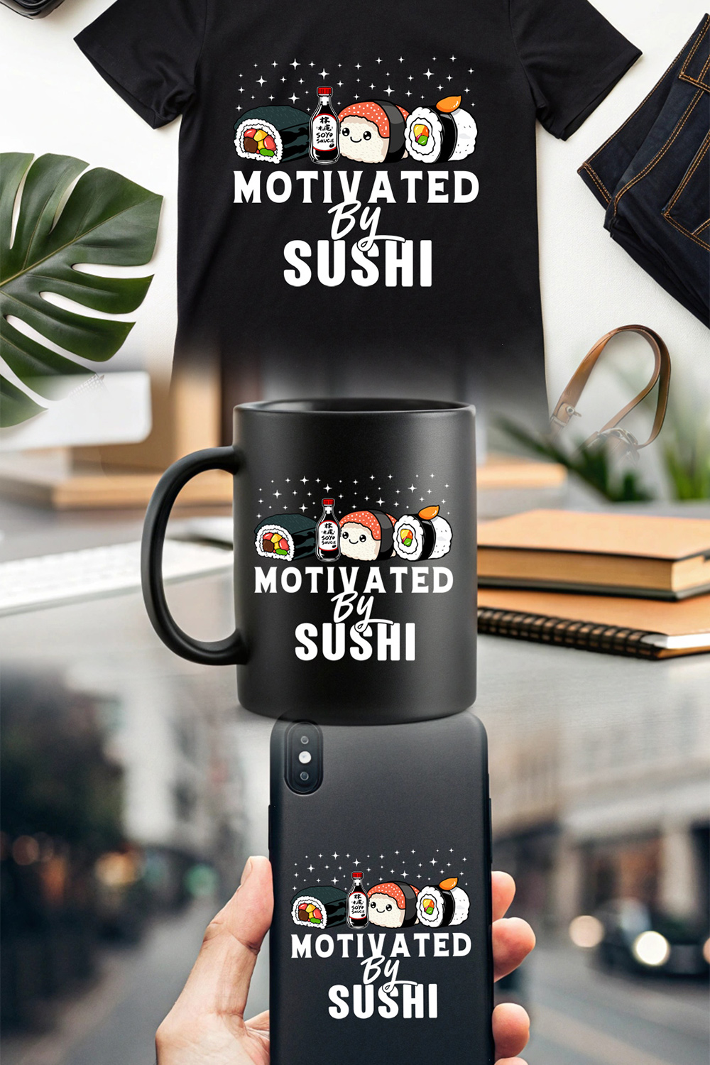 Funny Sushi Graphic Design – Motivated by Sushi with Cute Rolls and Soy Sauce Bottle pinterest preview image.