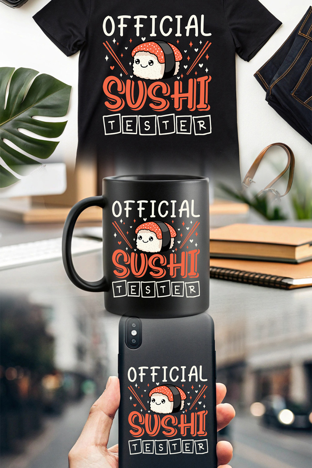cute official sushi tester quote with kawaii sushi and chopsticks for food lovers Sushi Graphic Design pinterest preview image.