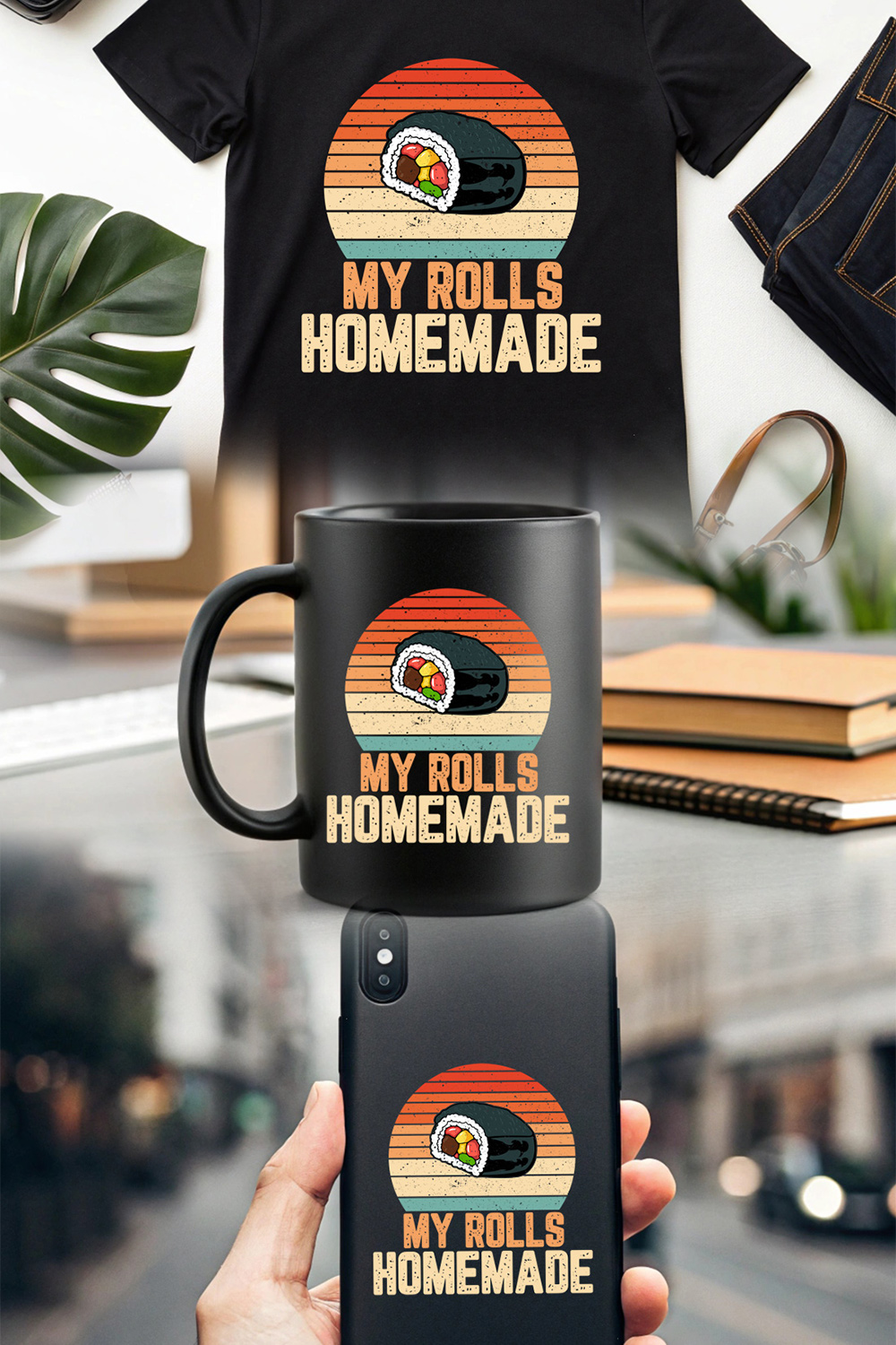 retro sushi roll Graphic design with "my rolls homemade" quote, perfect for food lovers Sushi Graphic Design pinterest preview image.