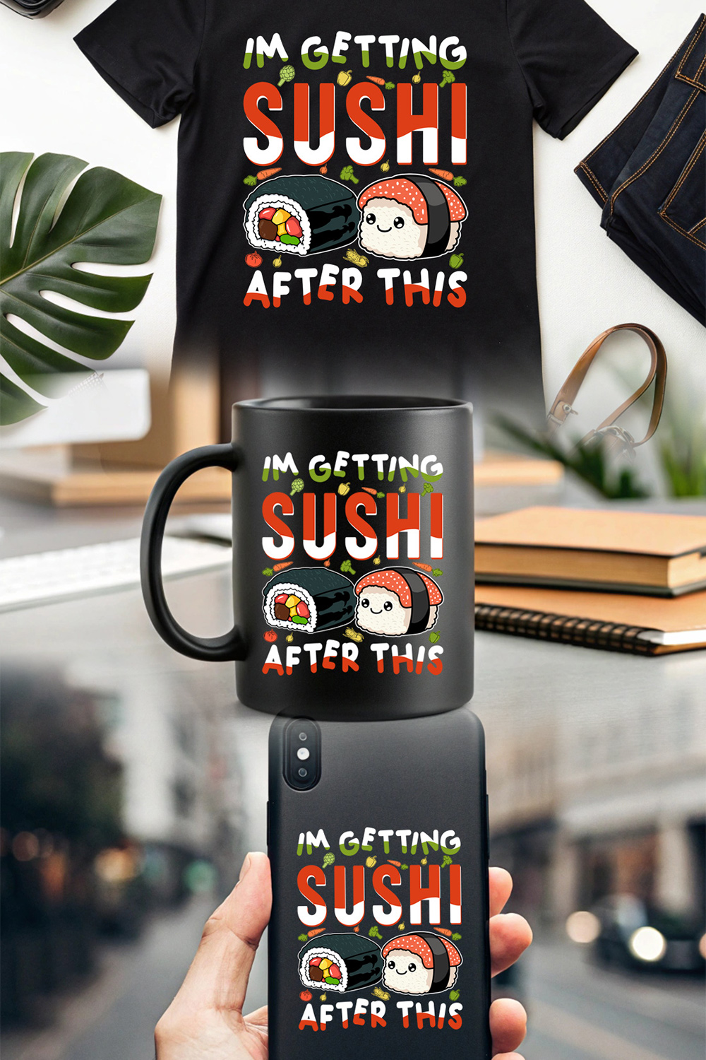 adorable Japanese food graphic design with fun sushi pun for merchandise pinterest preview image.