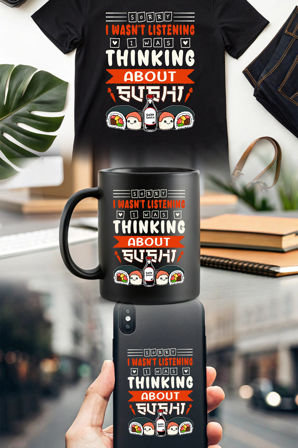 Cute sushi lover illustration and graphic design with soy sauce bottle and kawaii rolls Sushi graphic design pinterest preview image.