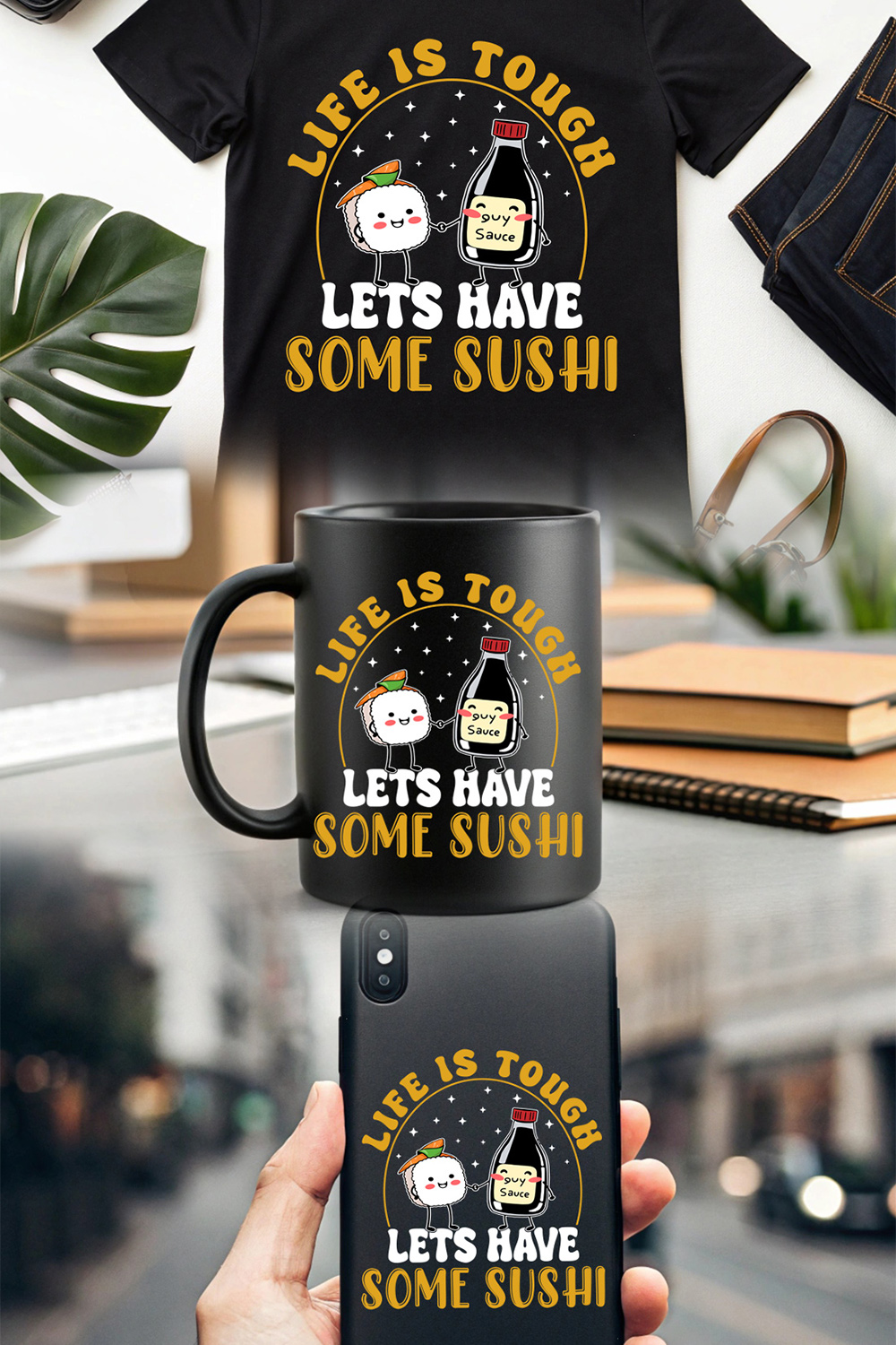 cute sushi and soy sauce cartoon with funny quote for t-shirt, mug design, and Graphic Design Sushi Graphic Design pinterest preview image.