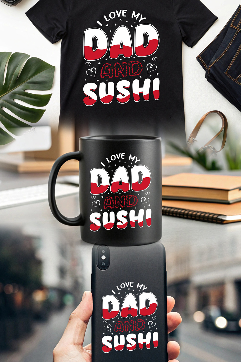 I love my dad and sushi graphic design for Japanese food lovers, and Father's Day gifts pinterest preview image.