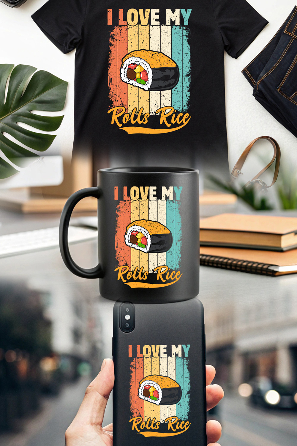 funny sushi graphic design with retro vintage style and pun quote "i love my rolls-rice pinterest preview image.