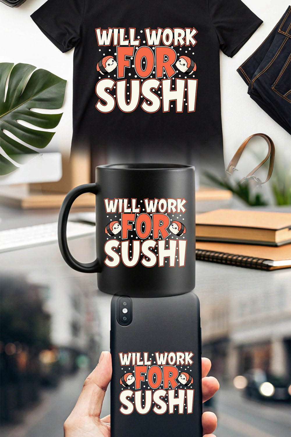 Funny Japanese Food Graphic – Kawaii Sushi Cartoon with Bold Typography graphic design pinterest preview image.