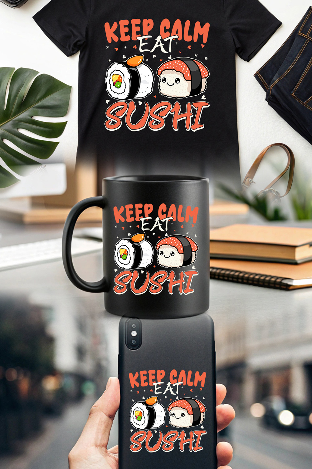 Japanese food-inspired design for sushi lovers who enjoy cute and calm vibes graphic design pinterest preview image.