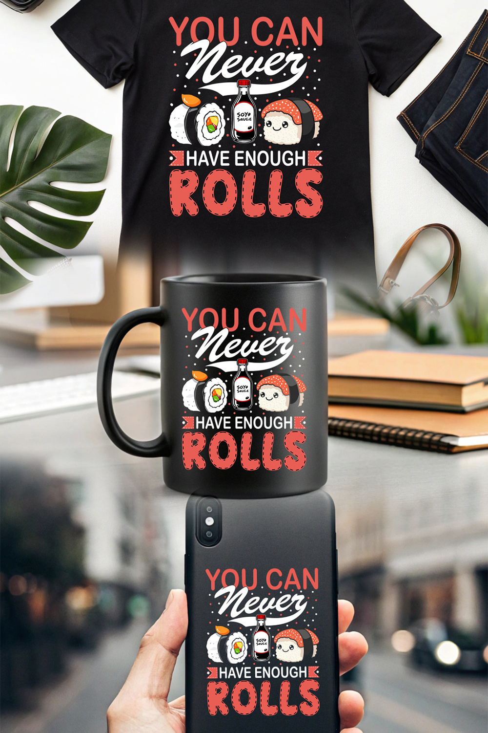 Adorable sushi rolls and soy sauce cartoon art for food-themed merchandise Sushi graphic design pinterest preview image.