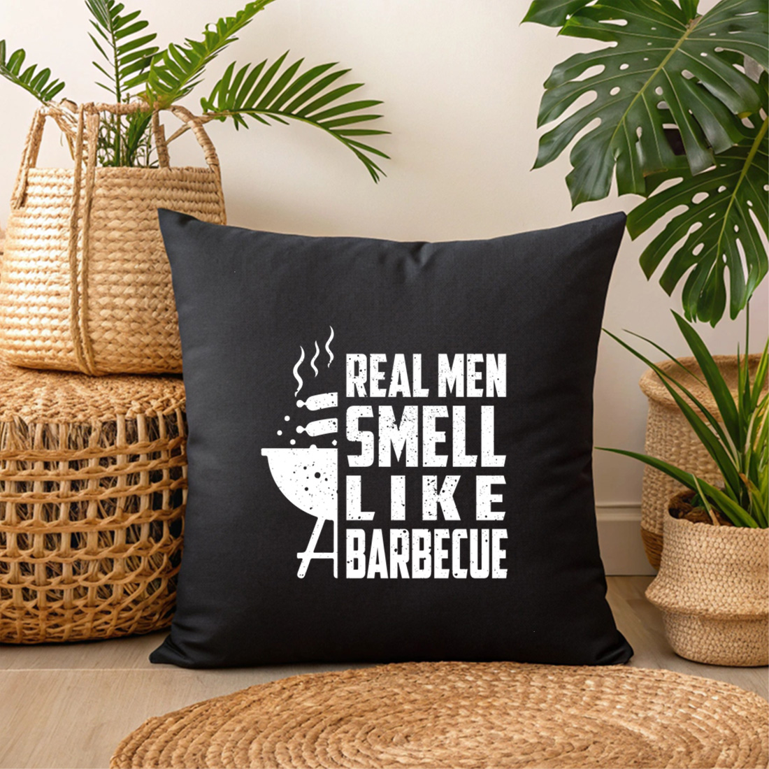 bold graphic tee for grill masters who love the smell of barbecue. bbq graphic design. 3 black pillow mock up 820
