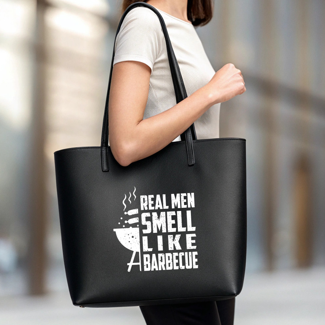 bold graphic tee for grill masters who love the smell of barbecue. bbq graphic design. 5 black tote beg mock up 360