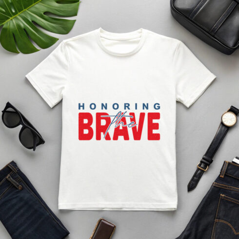 bold red and blue honoring the brave typography for July 4th apparel graphic design cover image.