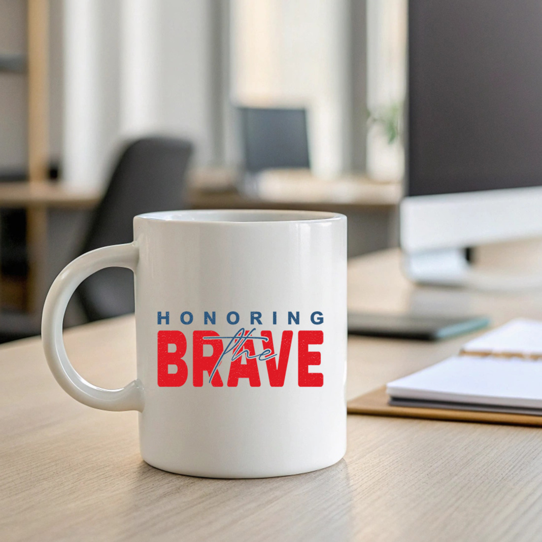 bold red and blue honoring the brave typography for july 4th apparel. graphic design. 2 with mug mock up 725