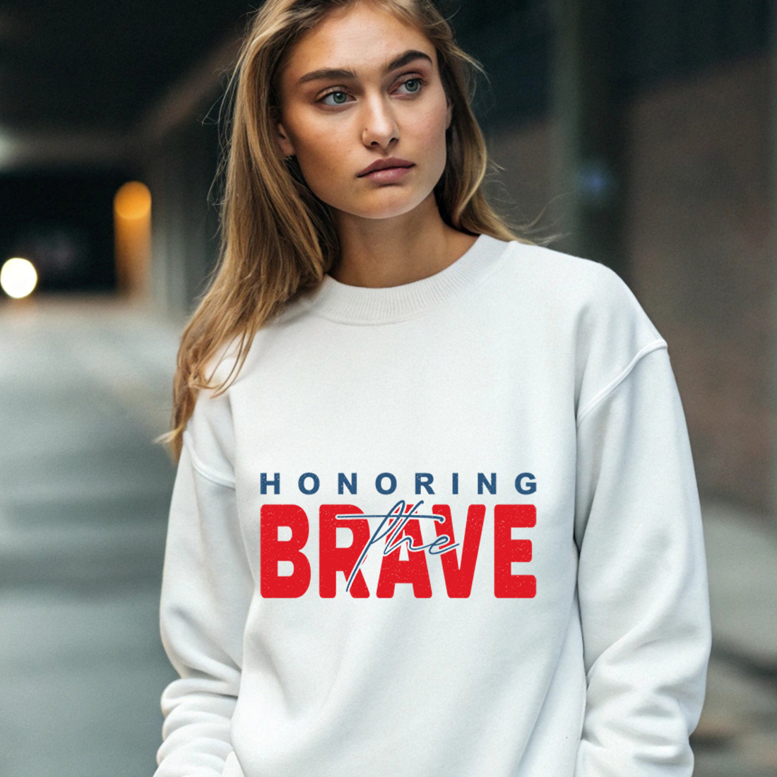bold red and blue honoring the brave typography for july 4th apparel. graphic design. 4 with female sweatshirt mock up 511