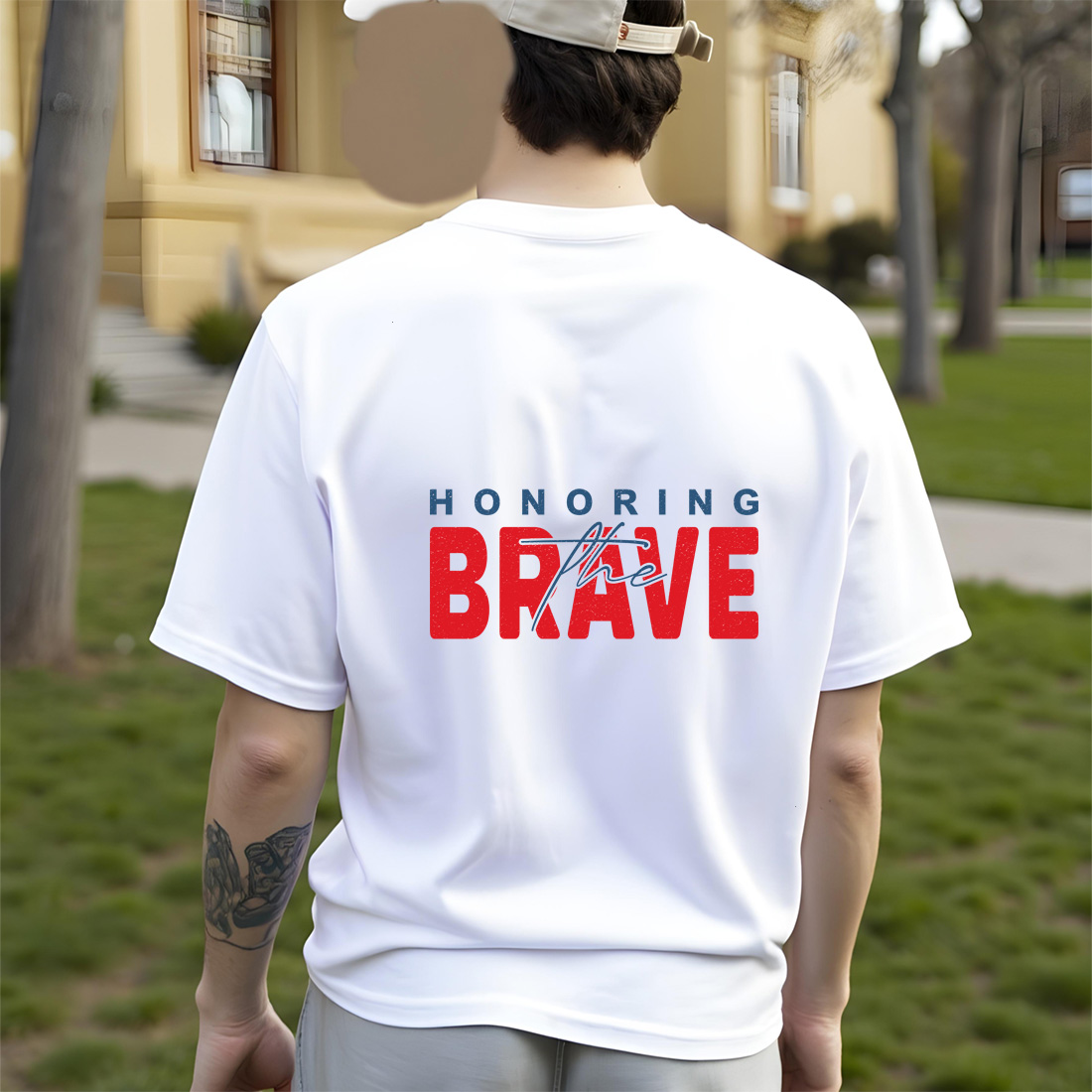 bold red and blue honoring the brave typography for july 4th apparel. graphic design. 6 t shirt mock up 851