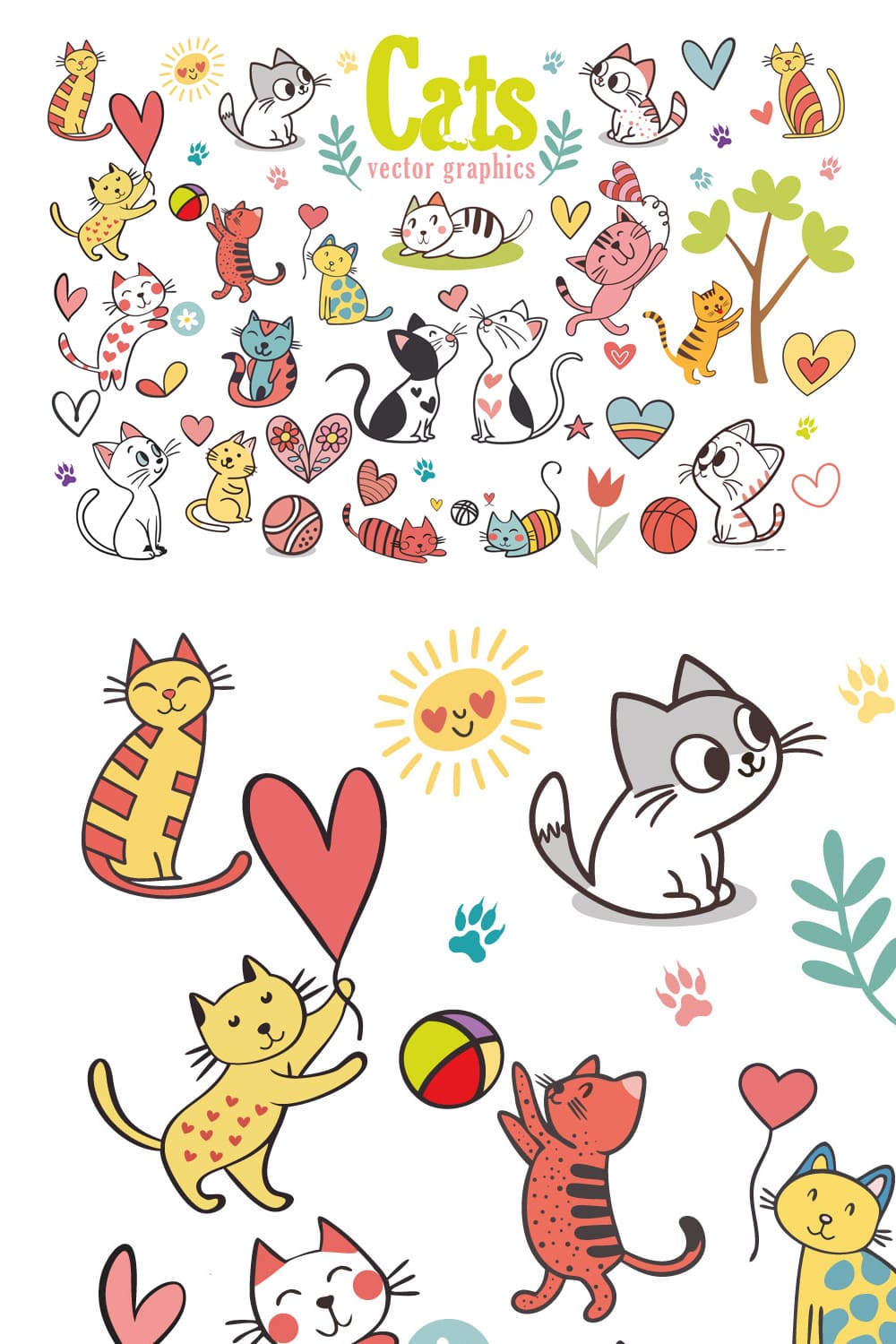 Doodle Colorful Cats Vector Pack pinterest preview image.