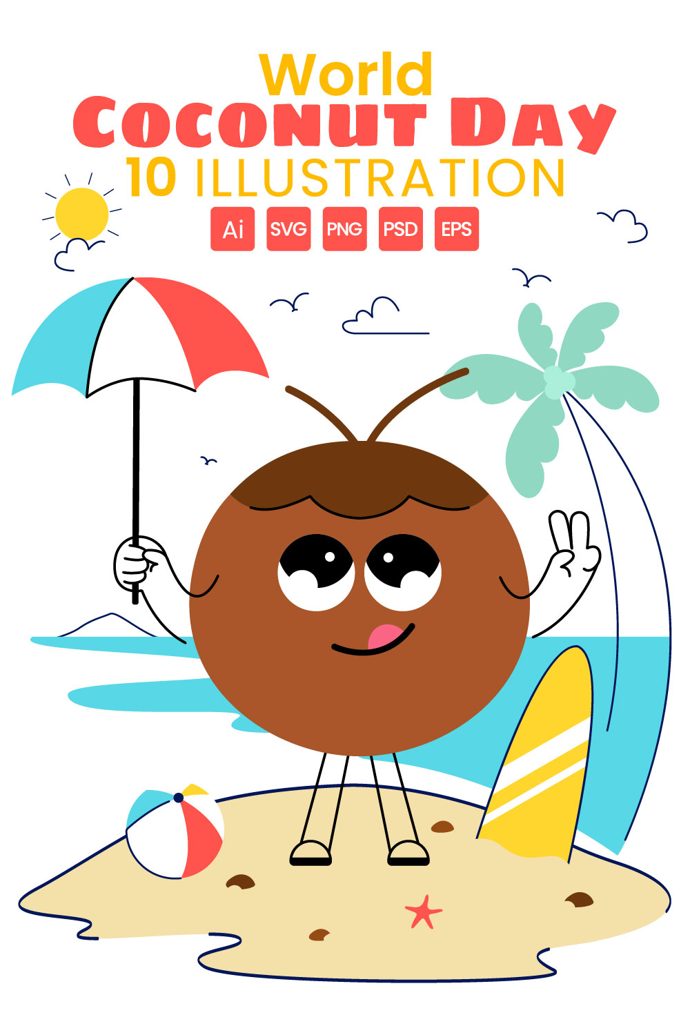 10 World Coconut Day Illustration pinterest preview image.