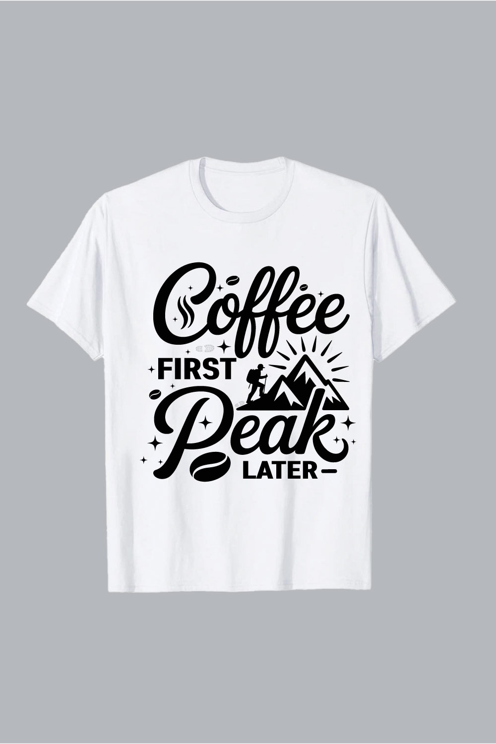 Coffee Peak lettering with bean and mountain imagery Coffee Peak lettering with bean and mountain imagery hiking EPS PNG T shirt Design pinterest preview image.